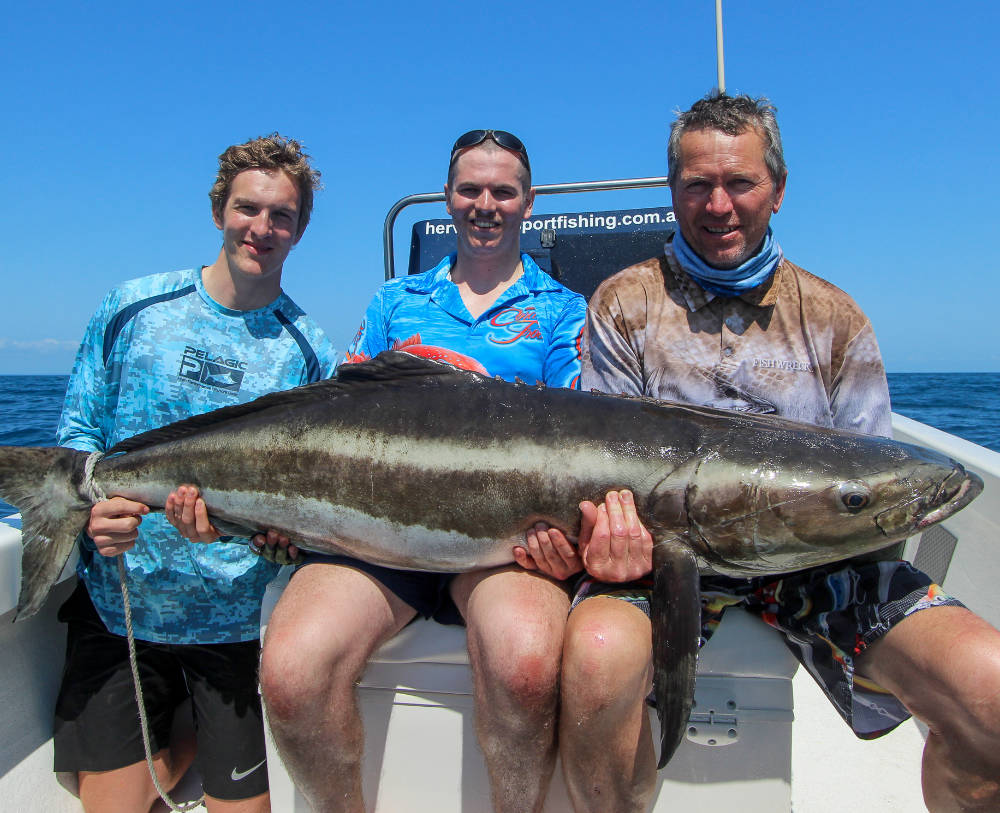 gotcha baot hire - 3 guys on a guided sportfishing tour in Hervey Bay holding a catch